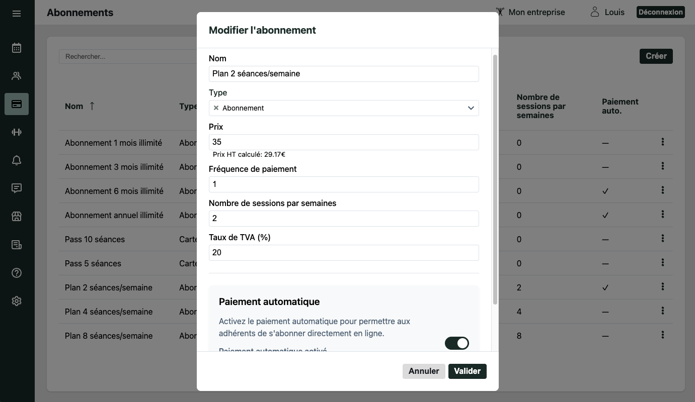 Interface de gestion des abonnements CrossFit, Pilates et Yoga