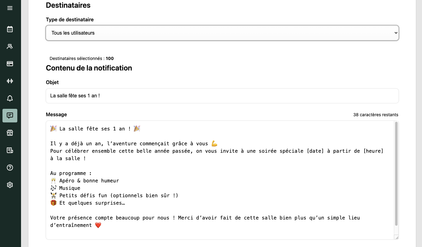 Interface de communication et notifications pour box CrossFit, studio Pilates et Yoga