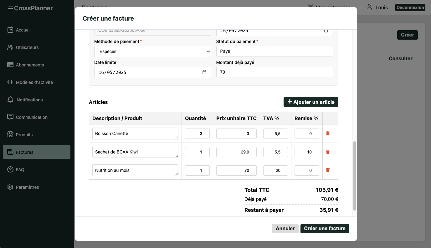 Module de facturation CrossPlanner
