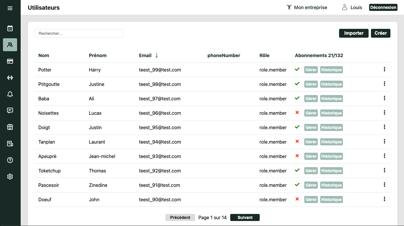 Interface de gestion des membres et adhérents de box CrossFit, studio Pilates et Yoga