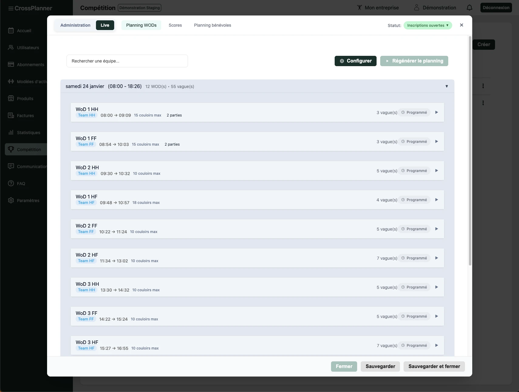 Vue planning admin live dans CrossCompet