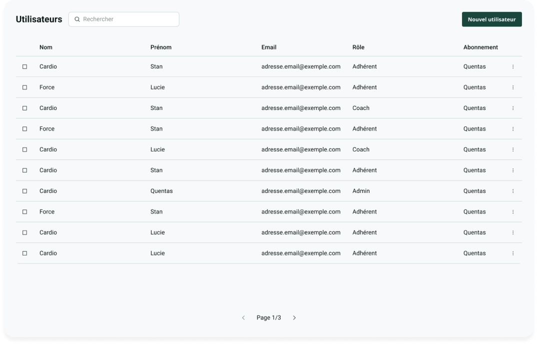 Interface de gestion des membres et adhérents de box CrossFit, studio Pilates et Yoga